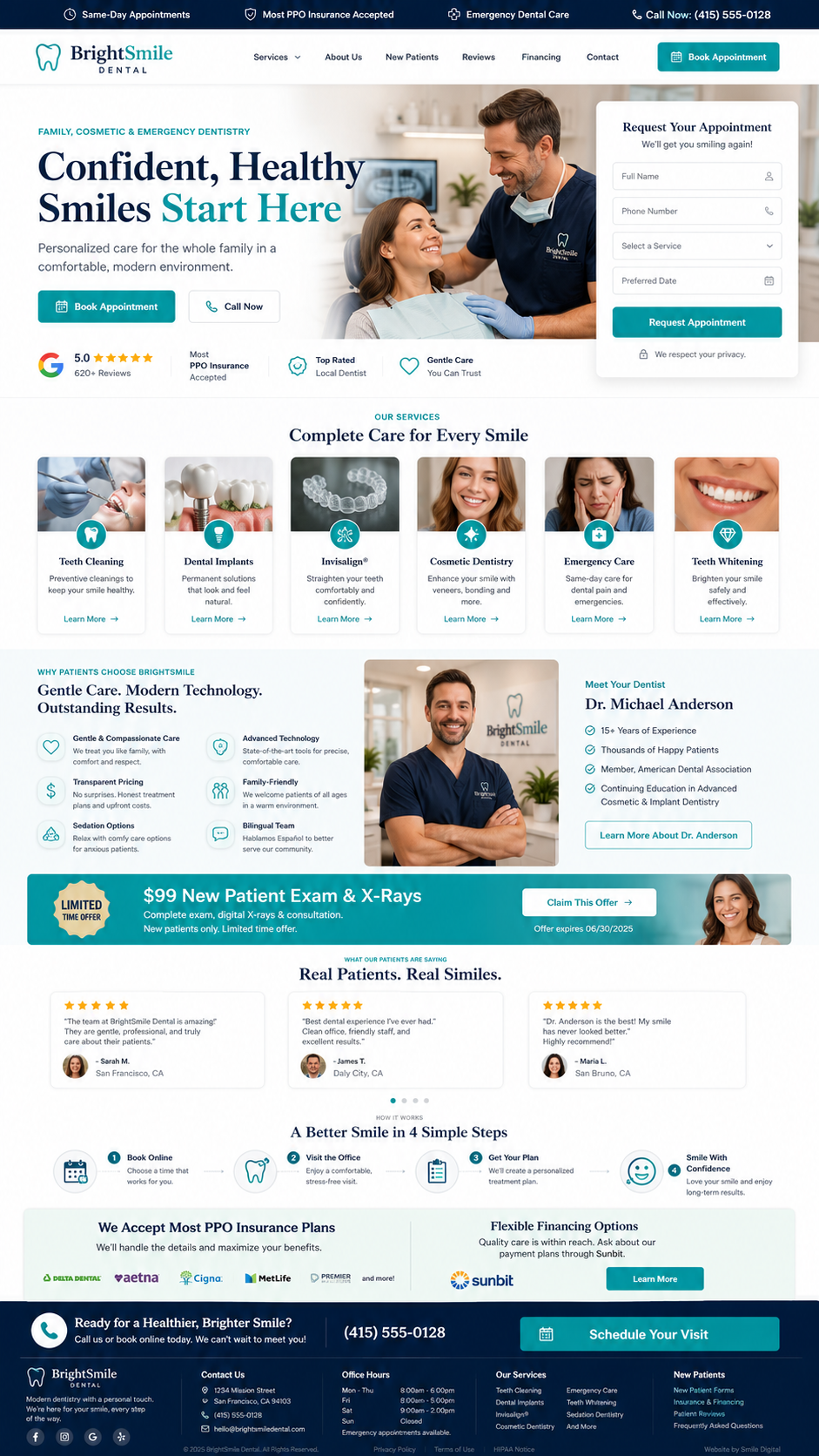 BrightSmile Dental landing page — same-day appointments, services grid, financing.