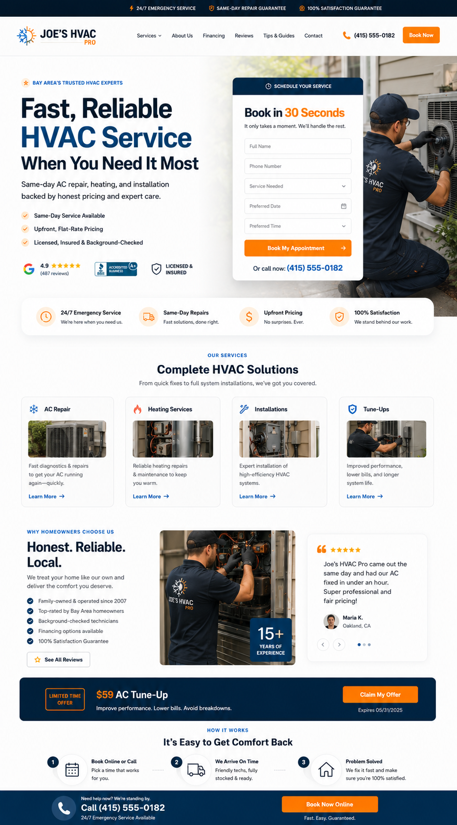 Joe's HVAC Pro landing page — hero, booking widget, trust badges, services.