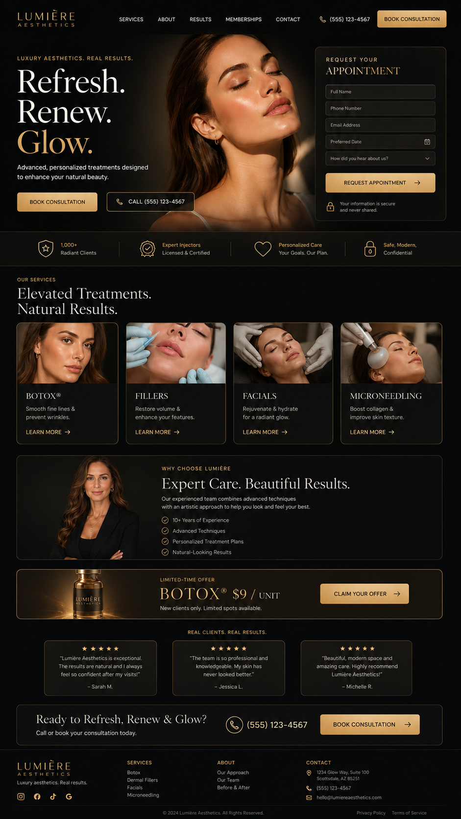 Lumière Aesthetics landing page — luxury aesthetics, services, consultation booking.